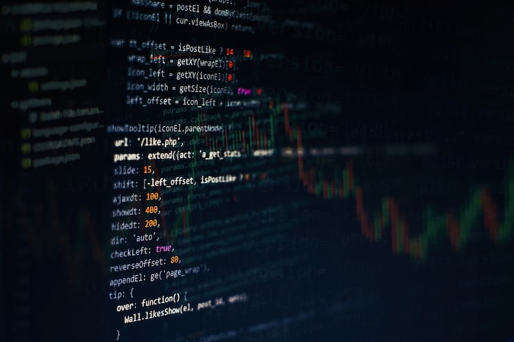 Photo developer programming code. abstract computer script code. programming code screen of software developer. software programming work time.