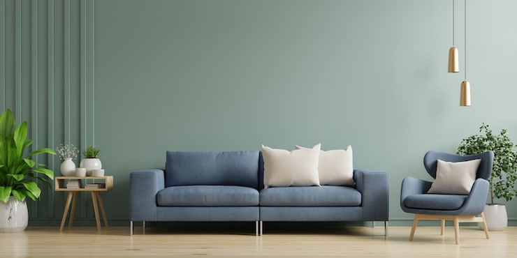 Foto groene muur woonkamer / bank en fauteuil, 3d-rendering