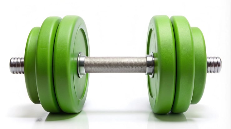 Foto groene rubberen dumbbell geïsoleerd op witte achtergrond