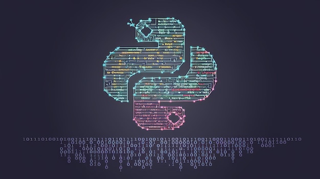 python logo made of glowing code and binary code at the bottom