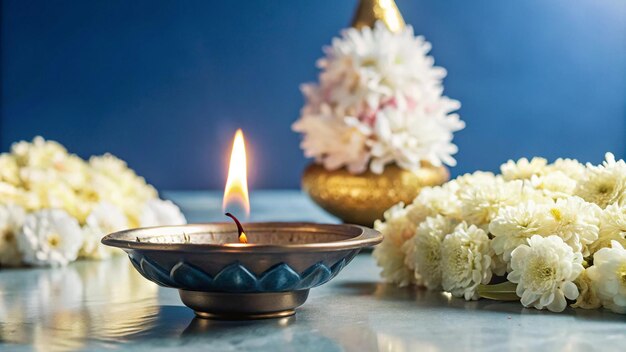 Photo เทียนขนาดเล็กที่จุดสว่างพร้อมดอกไม้อยู่ข้างใน