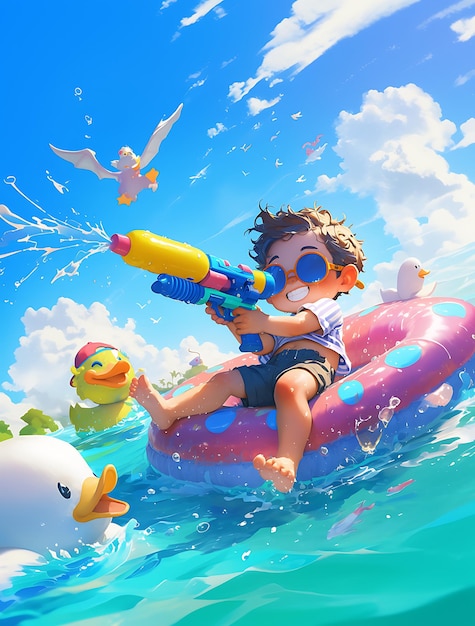 Photo おもちゃを持って水の中のラフトに乗っている少年がいます