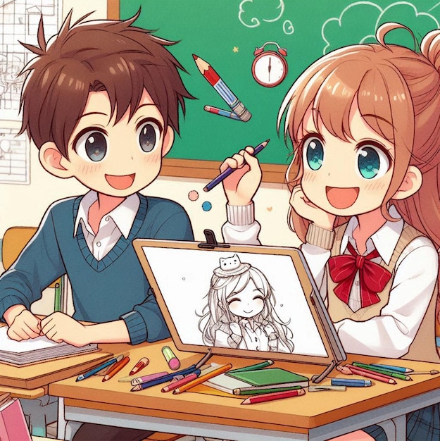 Photo นักเรียนสองคนกำลังวาดรูปบนกระดานโดยมีรูปวาดของเด็กผู้หญิง