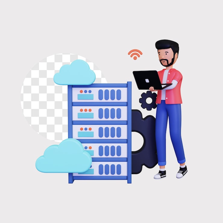 PSD 3d cloud hosting med mandlig karakter, der bruger bærbar computer