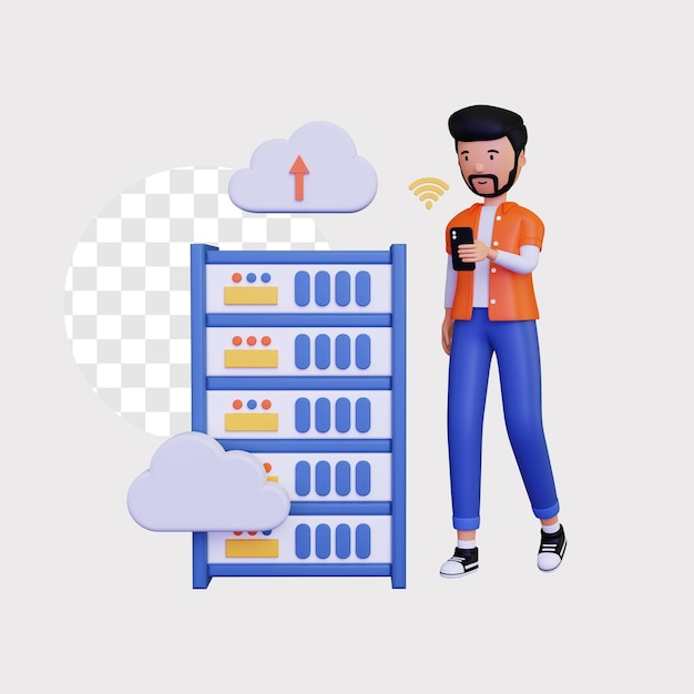 PSD 3d cloudcomputing med en mandlig karakter, der bruger en smartphone