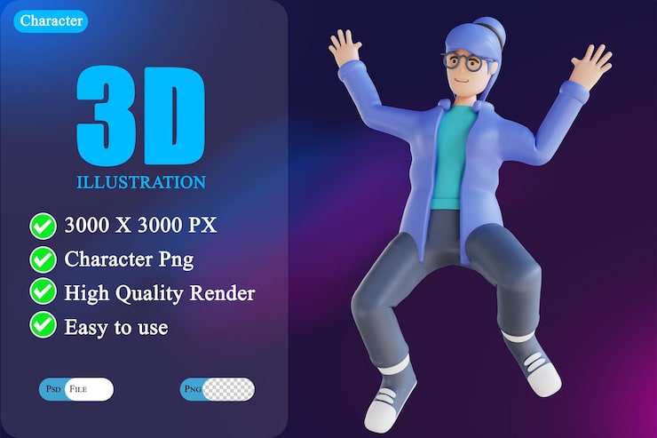 PSD 3d ilustracja szczęśliwej skaczącej osoby