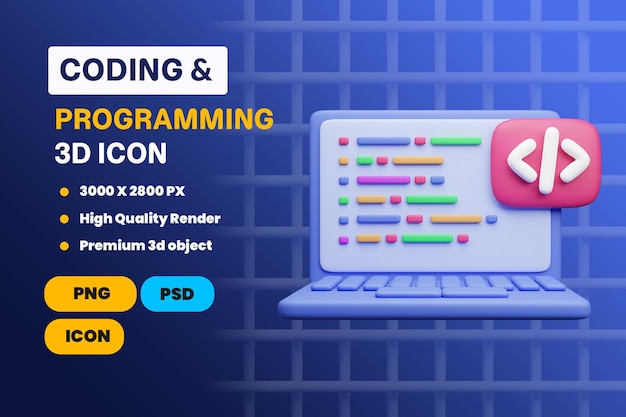 PSD 3d-koding og programmering laptop-ikon illustrasjon