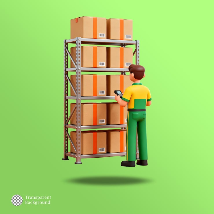 PSD 3d koerier scant barcodes op dozen op metalen schappen magazijninventaris logistiek e-commerce