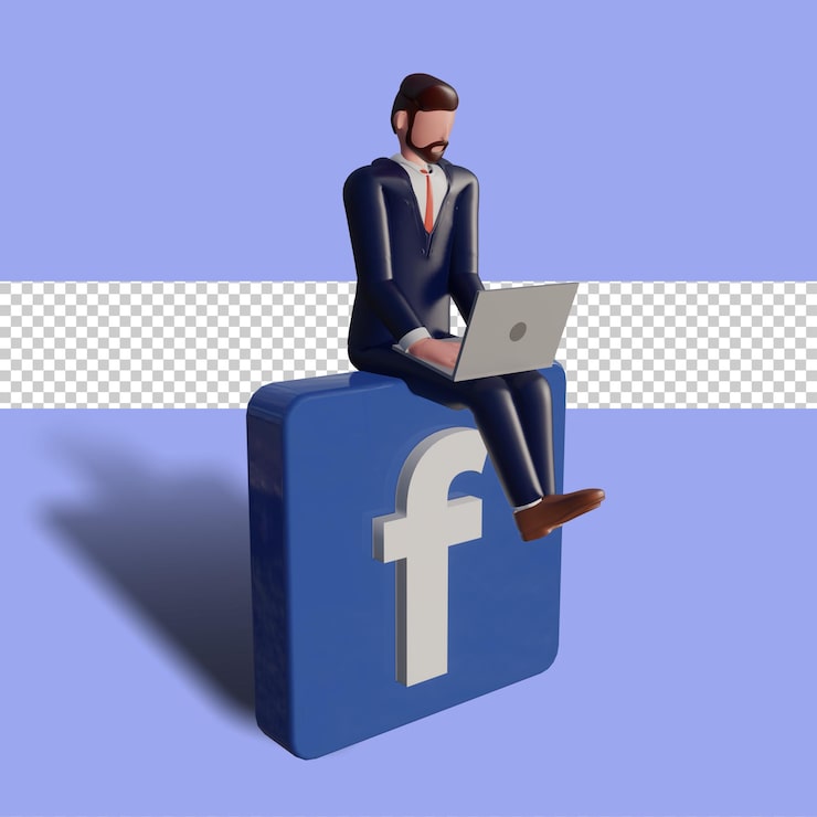 PSD 3d-mandlig figur skriver på bærbar computer og sidder på facebook-logoet.