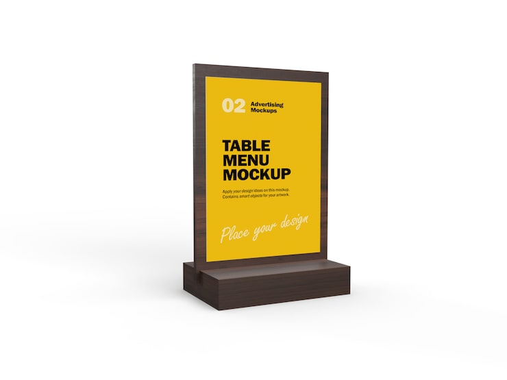 PSD 3d mockup af træbord madmenu til restauranter