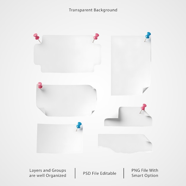 PSD 3d paper notes with pushpins elements set