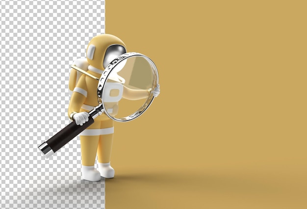 PSD 3d render astronaut håller förstoringsglas