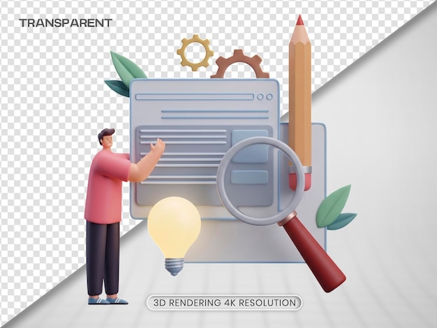 PSD 3d-rendering van een man met een webpagina-interface