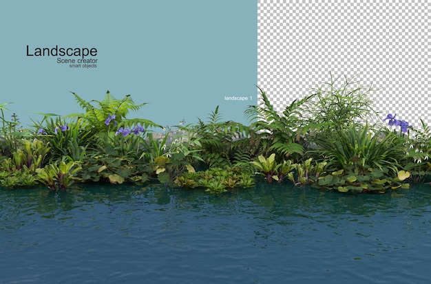 PSD 3d-renderöidä maisemajärjestely veden äärellä