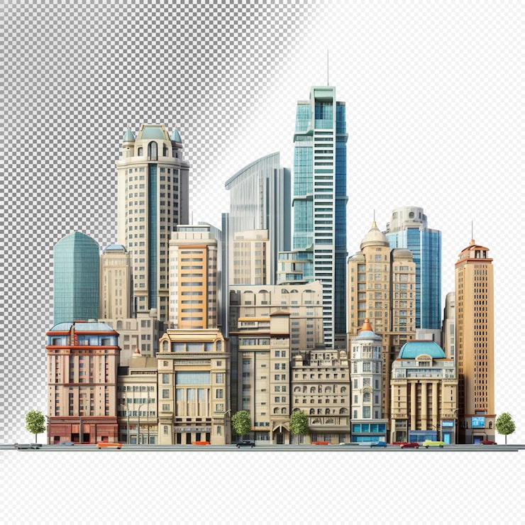 PSD 3d şehir binaları şeffaf arka plan