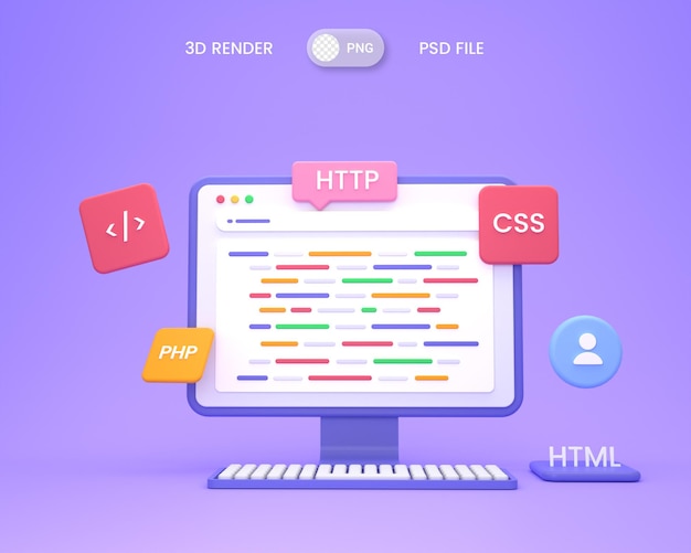 PSD 3d webutvikling eller programvareutvikling eller webdesign koding og programmering