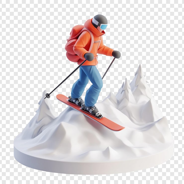 PSD 3d-weergave van een skiër die een besneeuwde berg afdaalt
