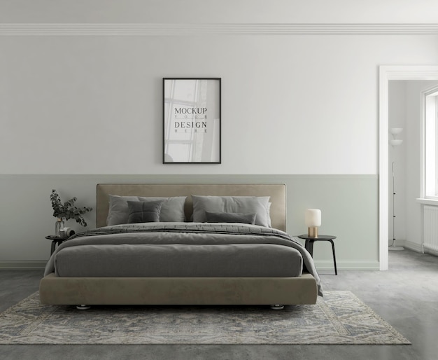 PSD affisch mockup i modernt sovrum 3d-rendering