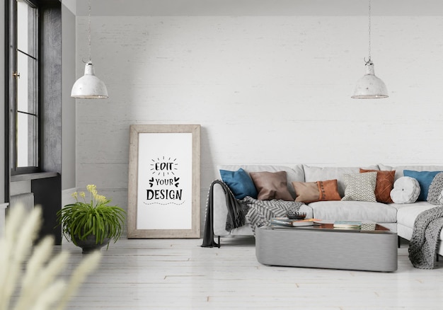 PSD affischer ram i vardagsrum psd mockup