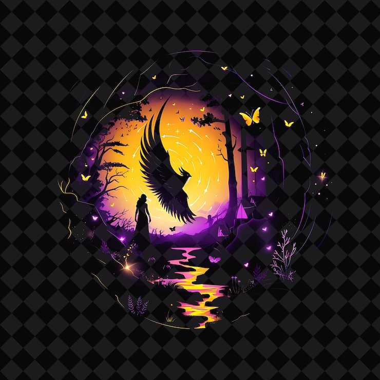 PSD åpne fantasy nights fortryllende landskaper med neon forest y2k-kunst og illustrasjon dyredesign