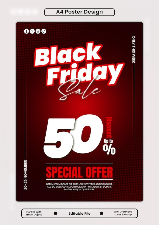 PSD black friday udsalgsplakat med 50% rabat særtilbud