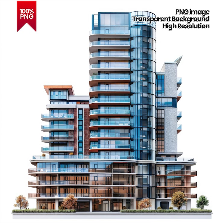 PSD cam balkonlu ve kavisli cepheli modern apartman binası, arka planı kaldırılmış