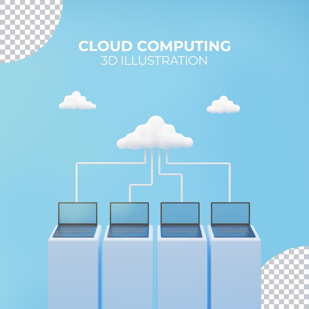 PSD cloud computing 3d-illustrasjon med 3d-rendering laptop