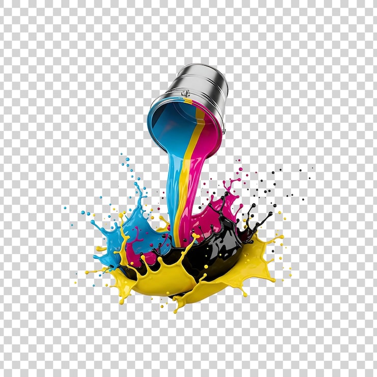 PSD cmyk malingssprut fra bøtte - dynamisk fargeeksplosjon