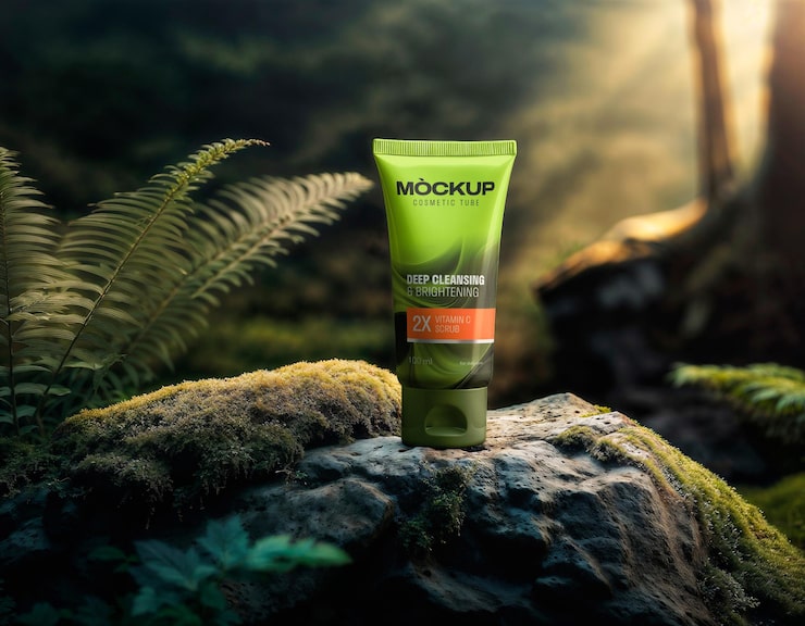 PSD creme tube mockup på klippe med skovbaggrund