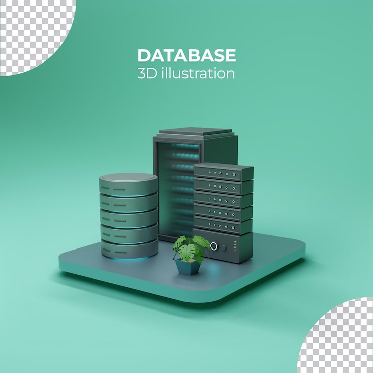 PSD databaseserverrum 3d-illustration på podie