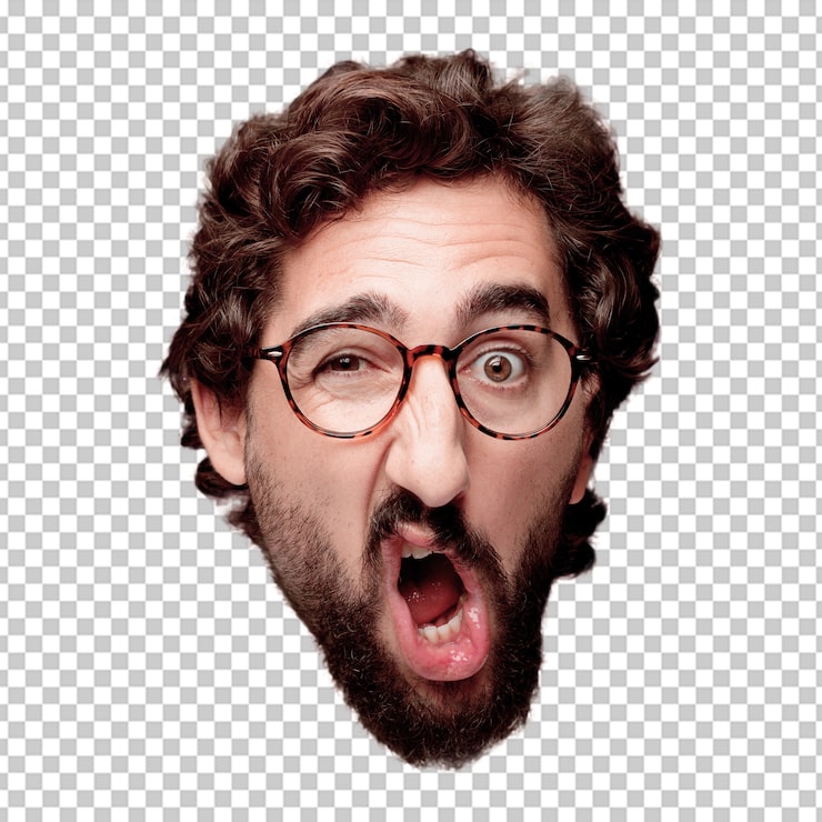 PSD de jonge gekke gebaarde geïsoleerde hoofduitdrukking van het mensen knipsel. hipsterrol met kijkglazen