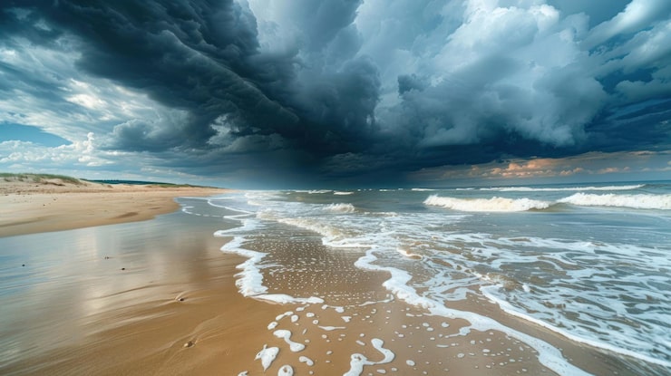 PSD dramatisk stormfuld himmel over havet med bølger, der brager mod en sandstrand