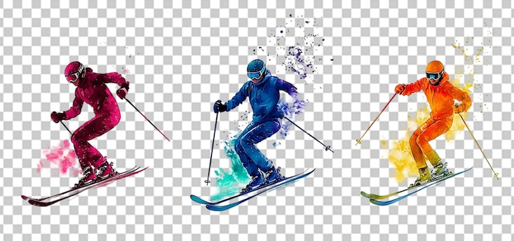 PSD drie set van levendige kleurrijke skiën in de sneeuw geïsoleerde transparante achtergrond