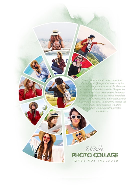 PSD elegant fotocollage skabelon med akvarel effekt og cirkulært design til flere billeder