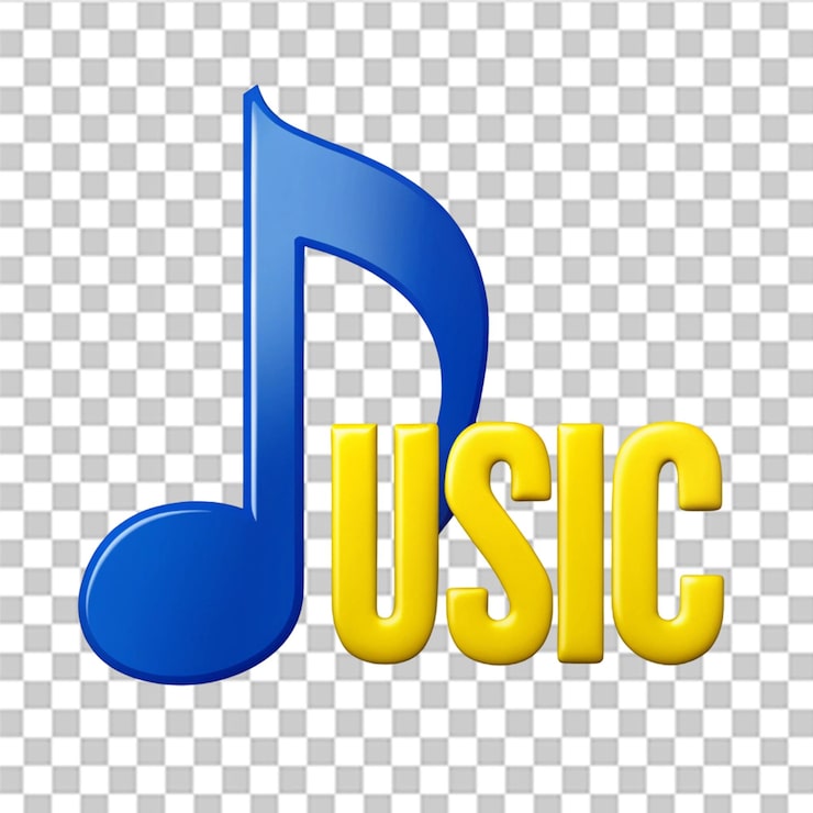 PSD en blå og gul musikknote med ordet «music» på
