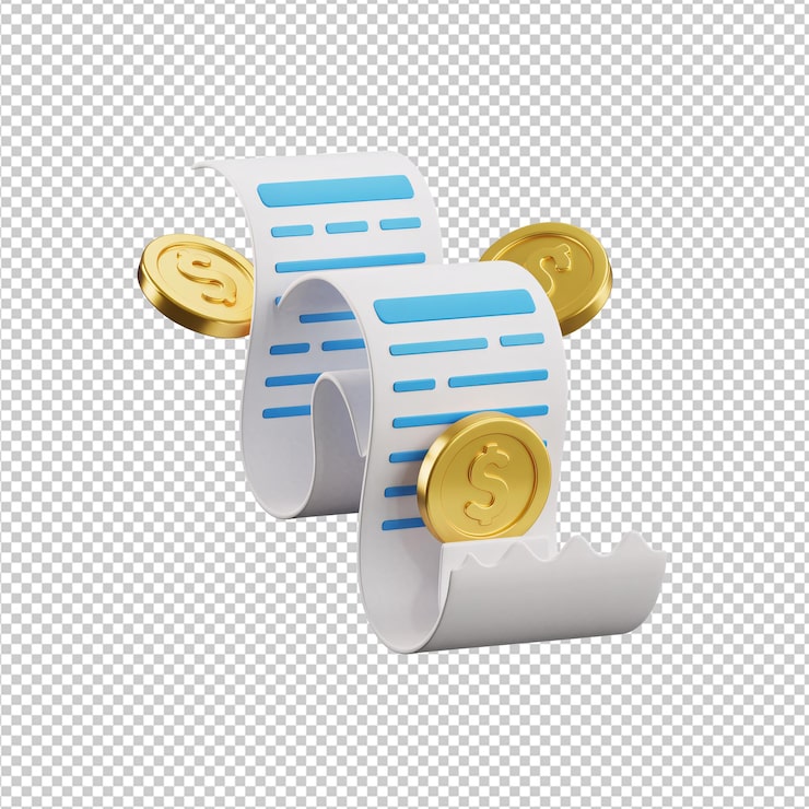 PSD finansal fiş ve altın madeni paraların 3d render'ı
