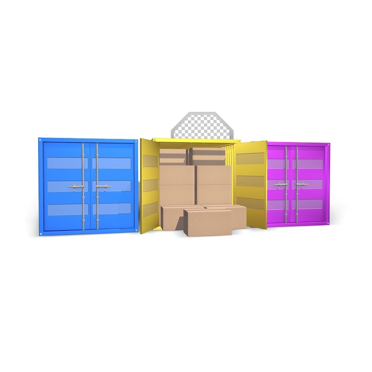 PSD front 3 containerforsendelse med kasse isoleret 3d render psd fil