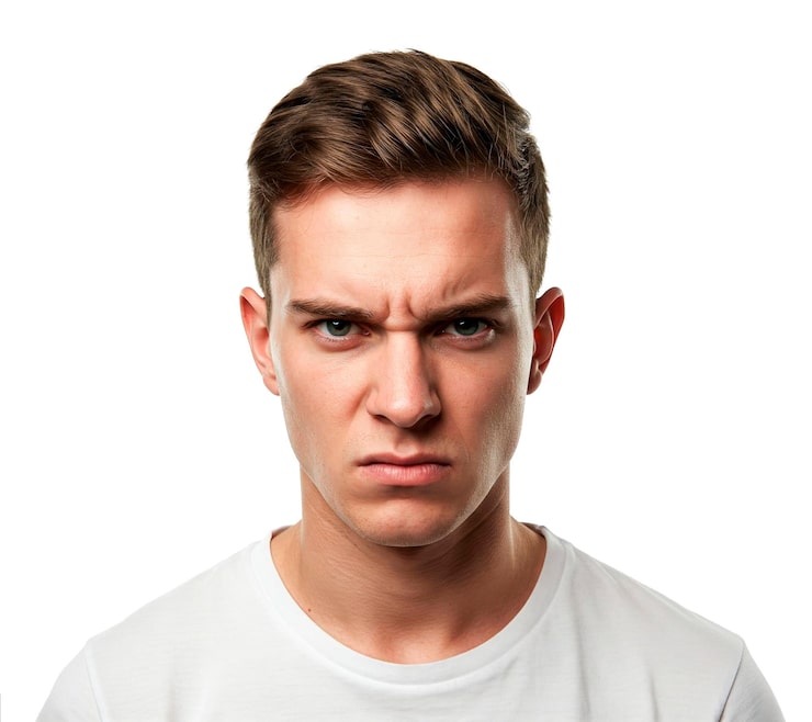 PSD front view af en seriøs ung mand, der rynker panden med et vredt udtryk isoleret på en hvid baggrund