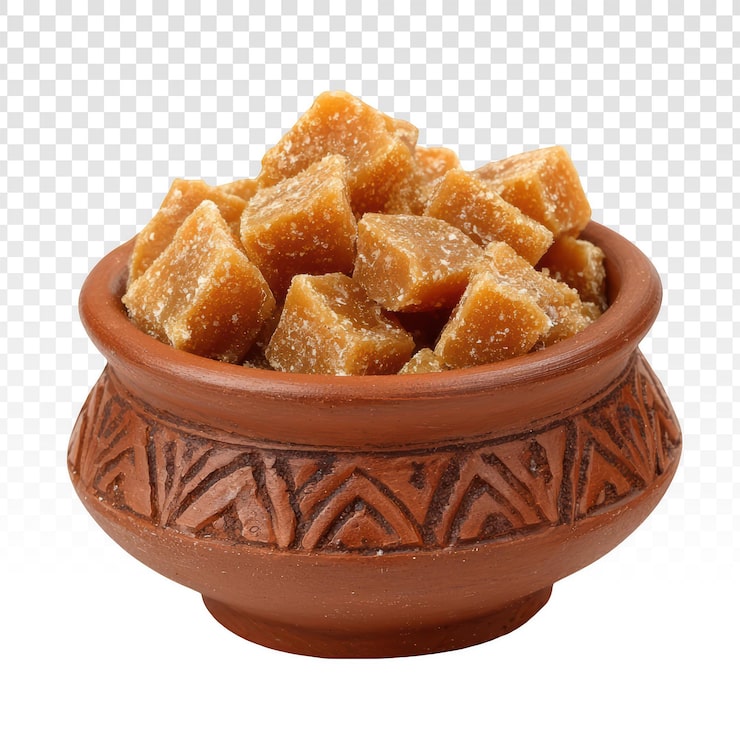 PSD geleneksel bir toprak kapta jaggery küpleri