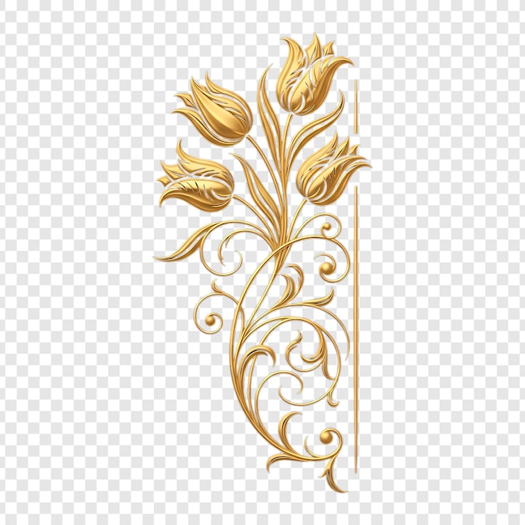 PSD gyldent blomsterornament med elegante tulipaner og slyngarbejde