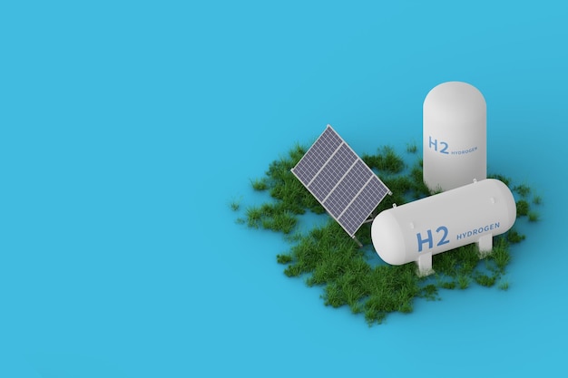 PSD h2 水素タンクと太陽光発電パネルの 3 d レンダリング