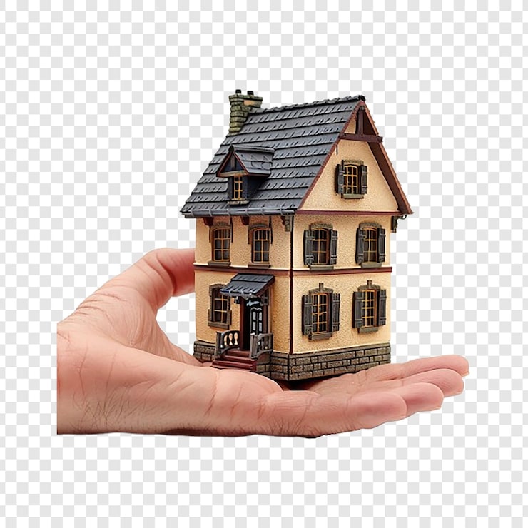 PSD hånd, der holder hus, isoleret på transparent baggrund