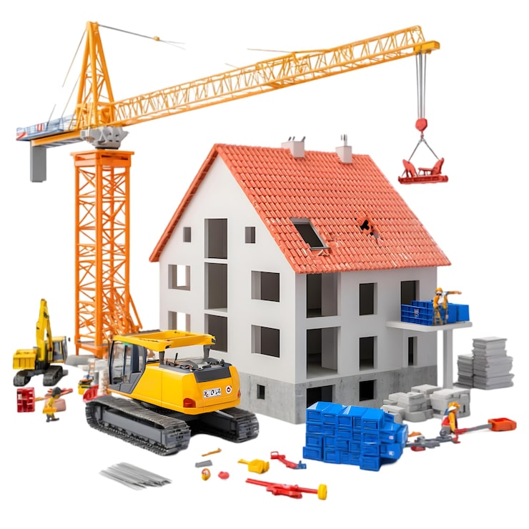 PSD house construction site with crane excavator and building materials 3d construction process ill