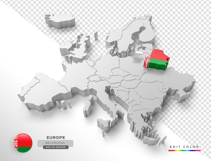 PSD izometryczna mapa europy białorusi z flagą w renderowaniu 3d