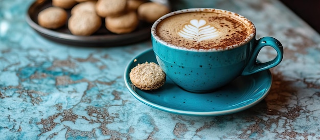 PSD kaffe med latte kunst og kjeks
