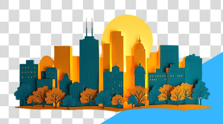 PSD kolorowa skyline miasta z zachodem słońca na tle