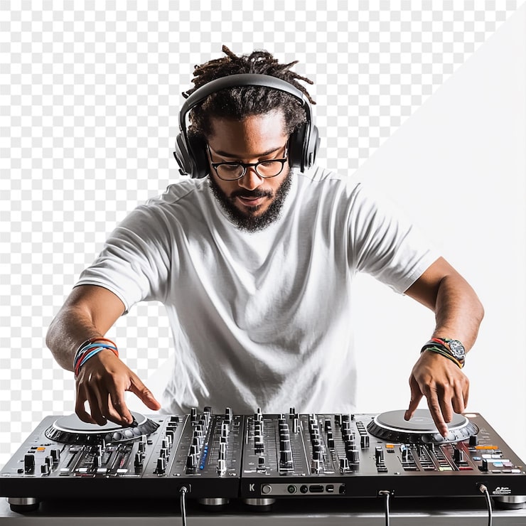 PSD kulaklık takan bir adam bir dj'in önünde duruyor