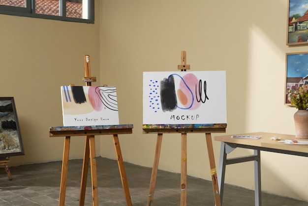 PSD kunststudie med staffeli-mockupdesign