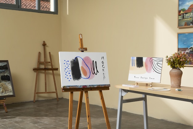 PSD kunststudie med staffeli-mockupdesign