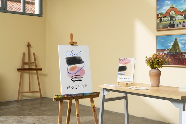PSD kunststudie med staffeli-mockupdesign